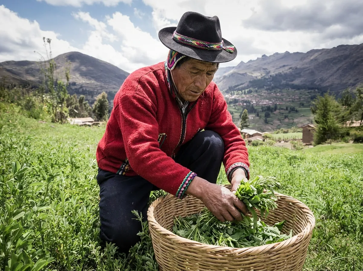 Hands gathering wild herbs in the Ecuadorian forest