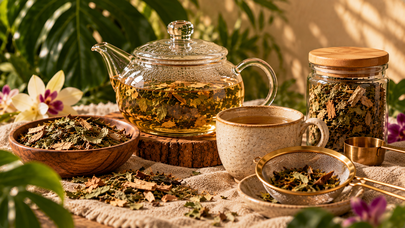 Delicate leaves and flowers steeped gently for an infusion