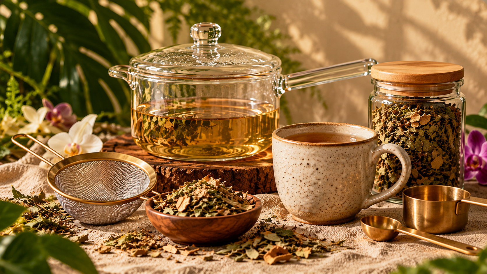 Glass saucepan, strainer, mug, measuring utensils, and a jar of herbs for tea preparation